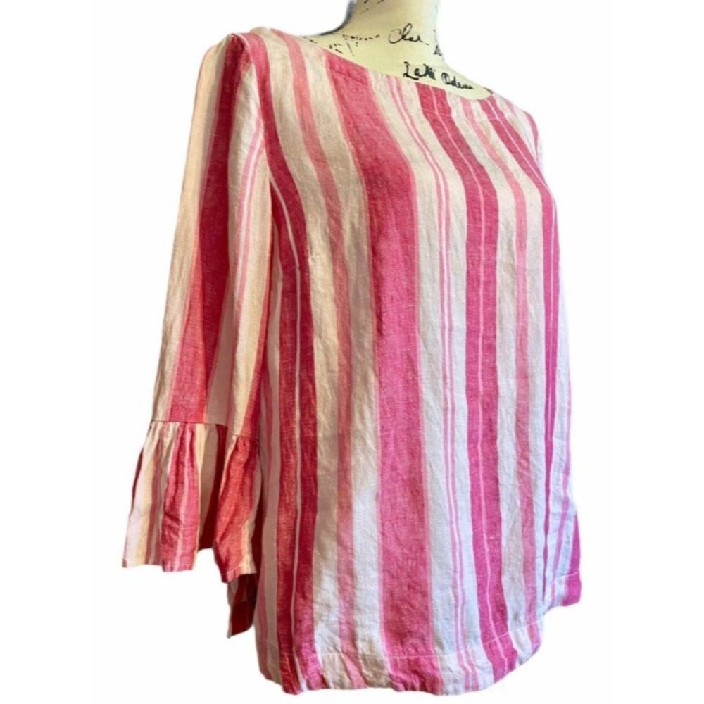 Charter Club 100% Linen Tunic Top Bell Sleeve Pink White Stripe Boho Resort S